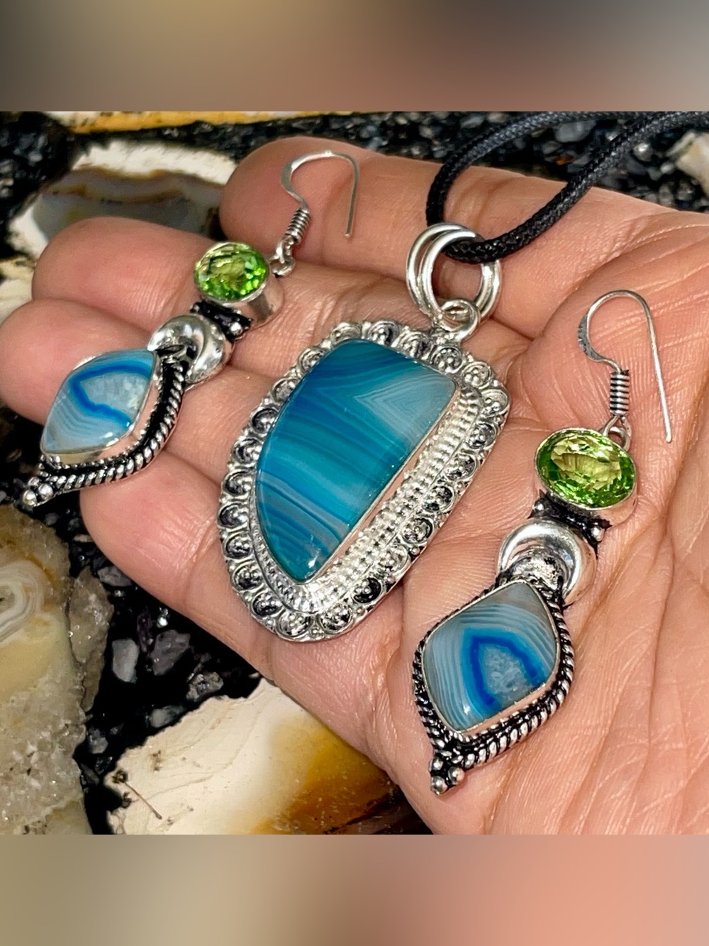 Blue Botswana Agate & Simulated Peridot Pendant & Earrings